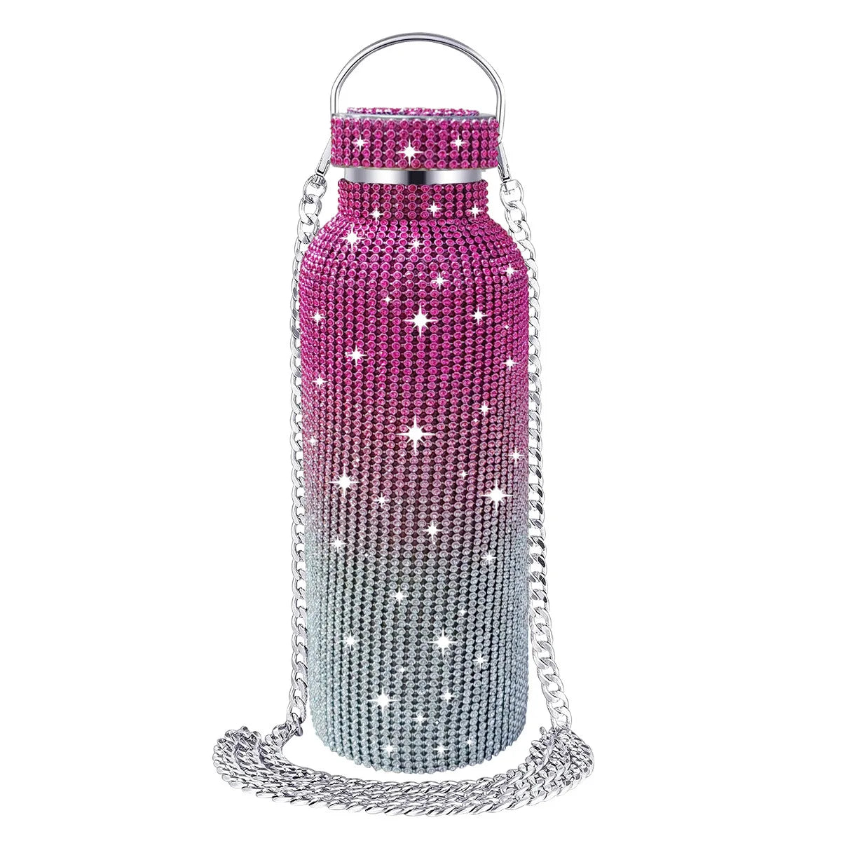 350 Ml Pink Leak Proof Shinny Glitter Water Bottle Bling Diamond Vacuum Flask Bottle with Chain