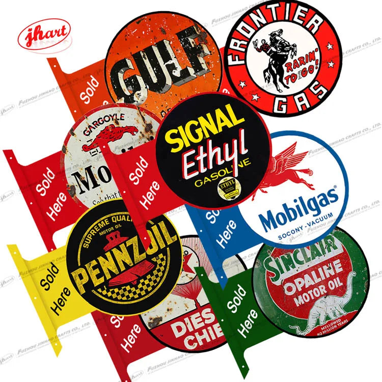Customized Double Side UV Printing GasOline Motor Oil Sold Here Flange Round Tin Sign Man Cave Garage Bar Wall Decor Metal Sign