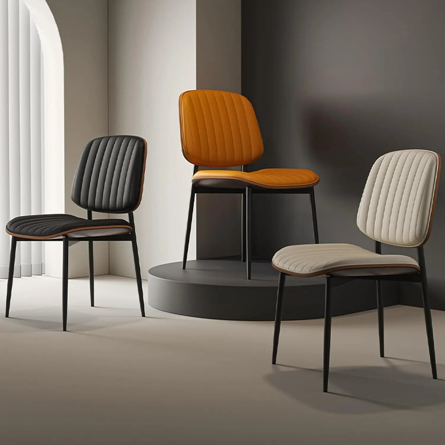 Industrial Faux Leather Dining Chair with Curved Solid Wood Back and Black Metal Legs for Coffee Shop Dining Room and Restaurant