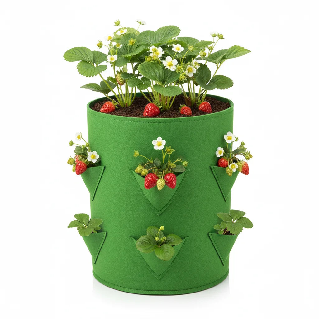 Strawberry Eco-friendly Heavy Duty Plant Fiber Grow Bag with 8 Pockets and 5-7-10 Gallon Capacity MegaBDM