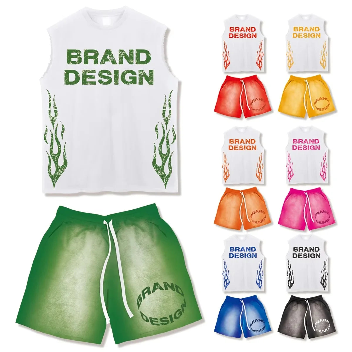 Men Oversized Two-Piece Hooded Sweat Shorts Sleeveless T-Shirt Set Raw Edge 100% Cotton Acid Wash Digital Printing Plain Dyed