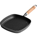Chinese Classic Design 22cm Pre-seasoned Cast Iron Steak Square Frying Pan Wooden Handle Non-stick Grill Pan with Ridges