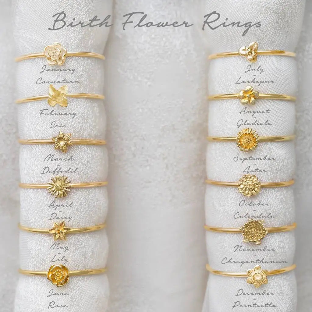 Simple Stack Finger Jewelry Gold Plated 12 Months Birth Flower Shape Rings to My Daughter