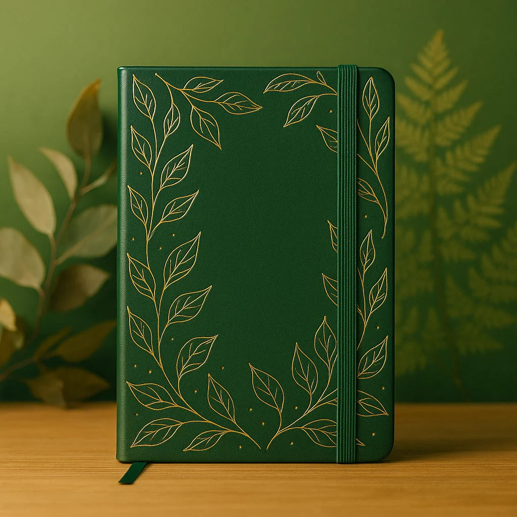 LABON Dark Green Gold Leaf Journal 160GSM Thick Paper Hardcover A5 Dotted Notebook Dual Ribbon Bookmark Diary for Writing Gift