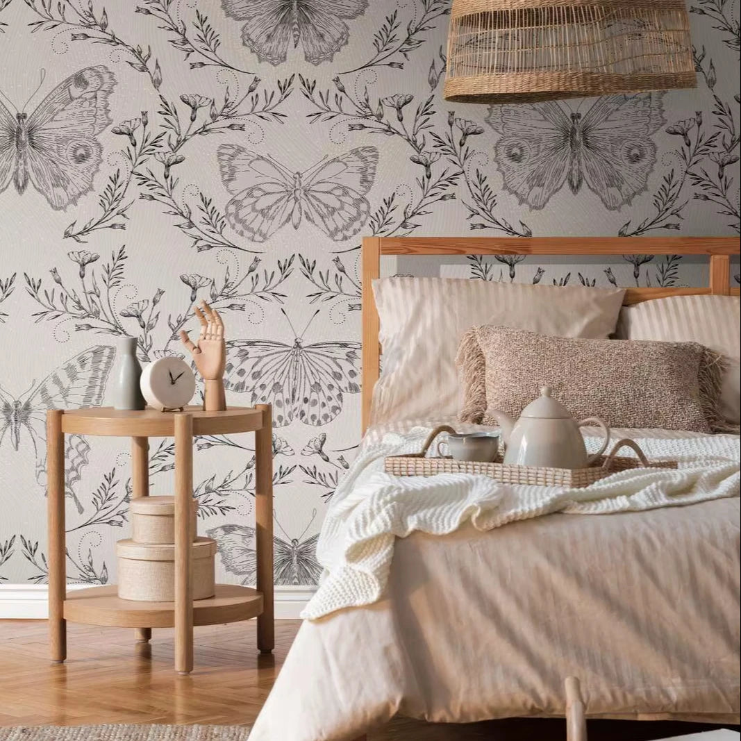 Modern Non-Woven Photo Wallpaper Butterflies-High Quality Beige Botanical Design-Scratch Light Living Room