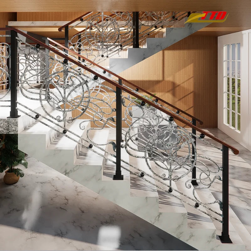 High-end wrought iron stair handrails help elevate the style of stairs combining safety with sophisticated decorative details.