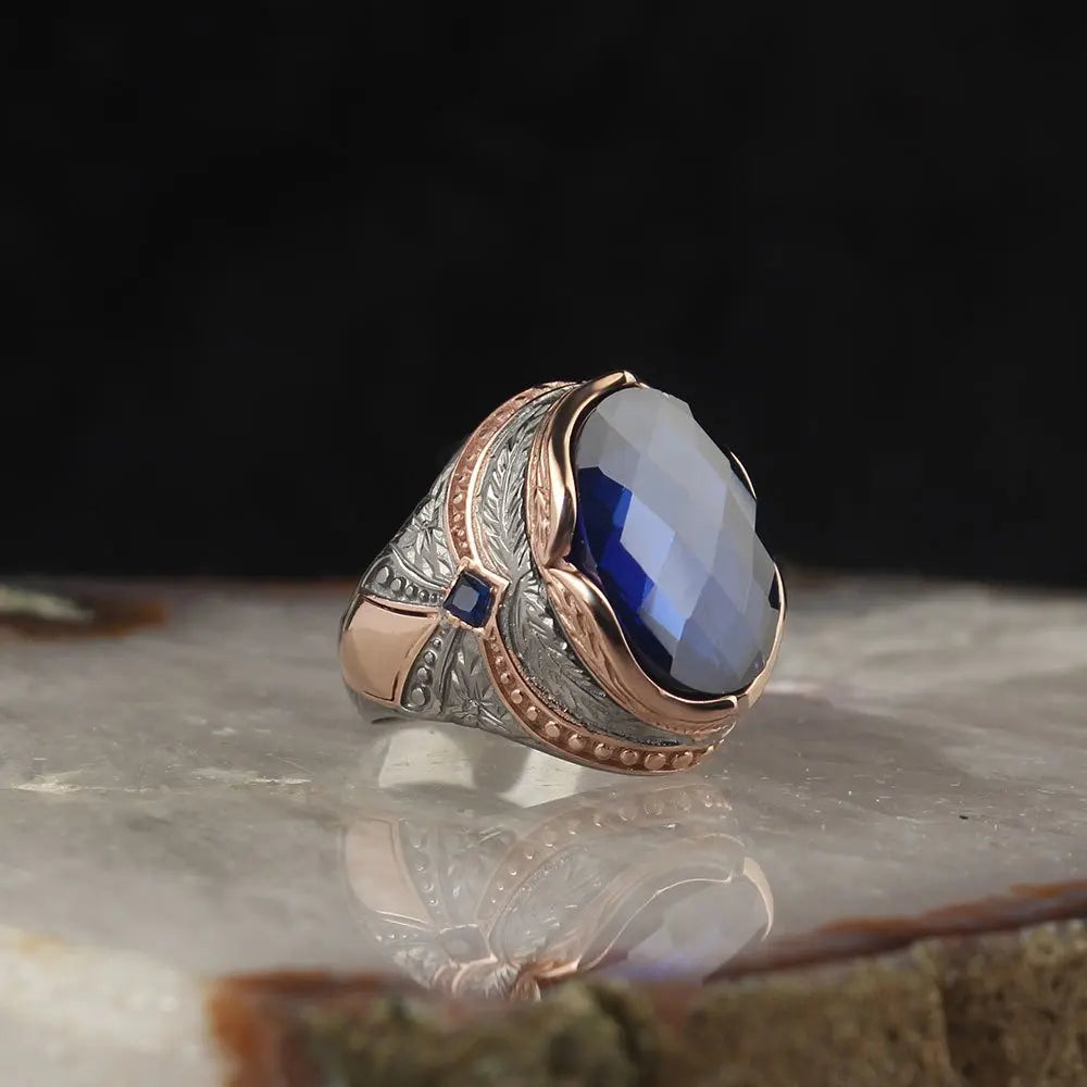 Custom Logo Men's Ottoman Style Fine Ring 925 Sterling Bi-Color Rhodium & Gold Plated Made in Turkey Model RCEGYT-784