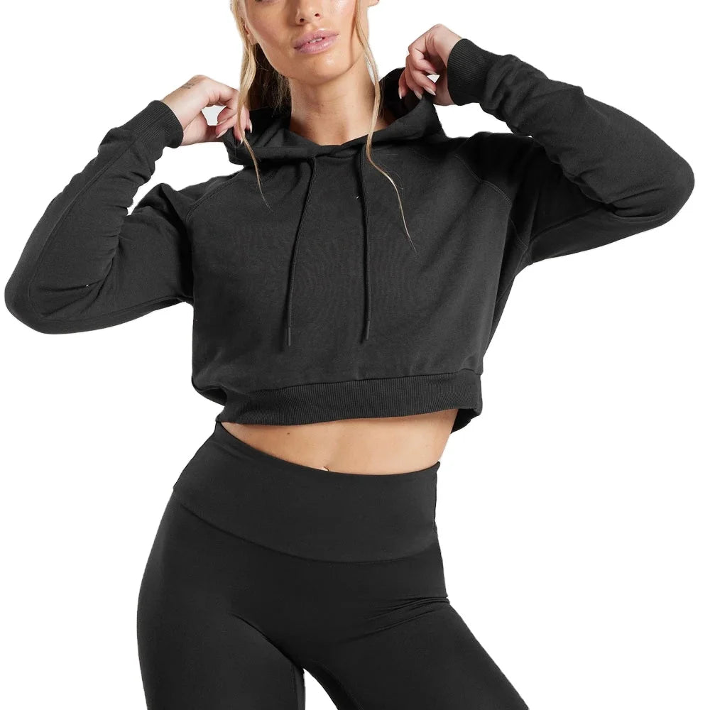 Distressed Wholesale Hoodies Custom Crop Zip up Oversized Cropped Black Hoodie and Sweat Pants Shorts Set Women Manufacturer