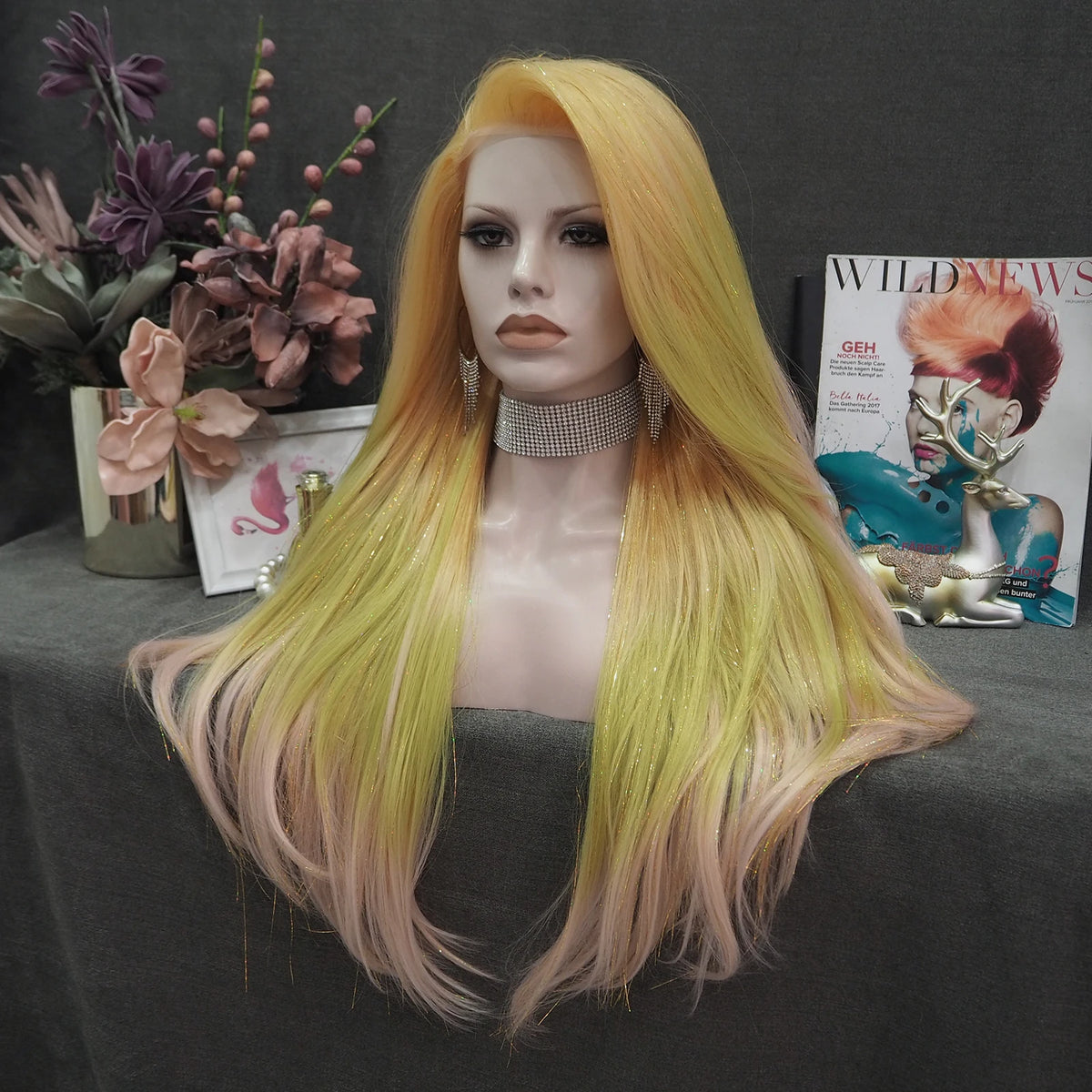 Celebrity 26 Inches Synthetic Lace Front Wig Tinselwig Multicolor Long Straight Wig for Women MegaBDM