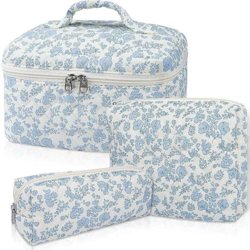 SW Personalized Flower Cotton Makeup Bag Set Customize Blue Floral White Diaper Bag Trendy Flower Cosmetic Toiletry Travel Bag