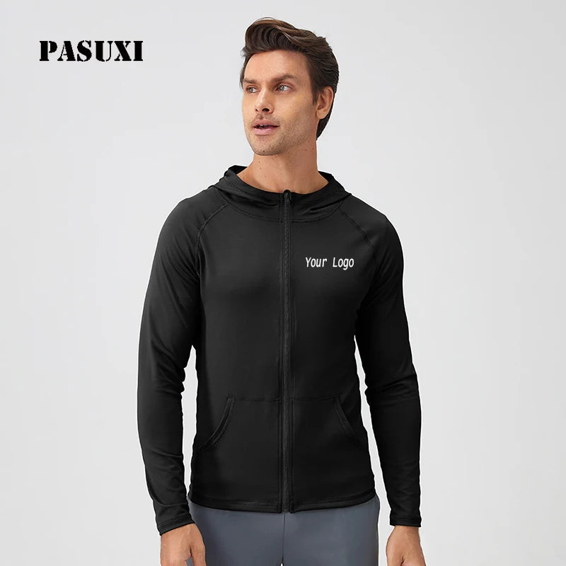 PASUXI Men's Running Jacket Quick Dry Windproof Breathable Fitness Training Jacket Hooded Long Sleeve for Fitness Training