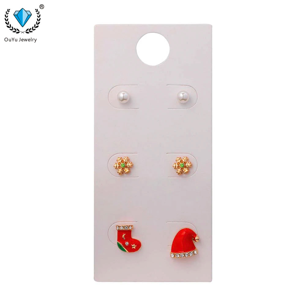 Factory Wholesale Gold Plated Snowflake Christmas Earrings Asymmetrical Drip Oil Santa Hat Sock Stud Set for New Year
