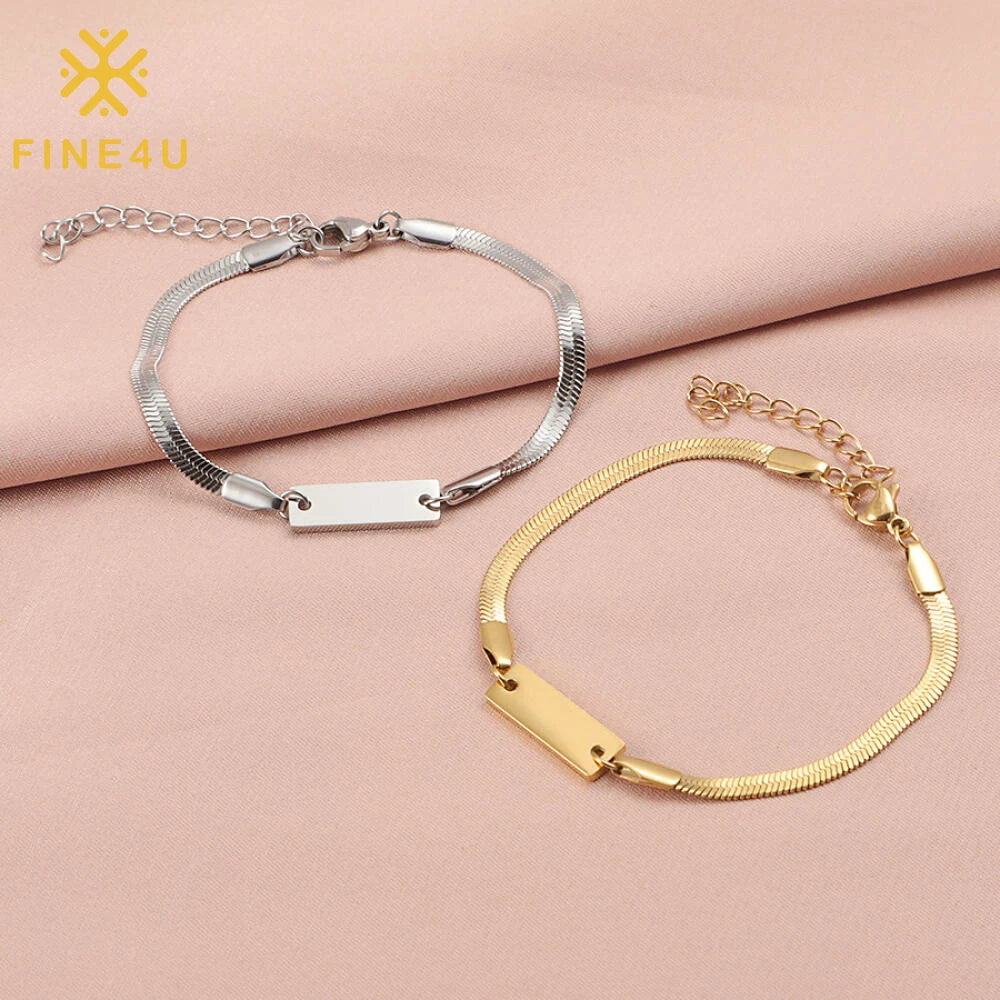 Stainless Steel Gold Plated Unisex Long Flat Snake Chain Bar Bracelet Mirror Polishing Handmade DIY Engravable Rectangle Couple