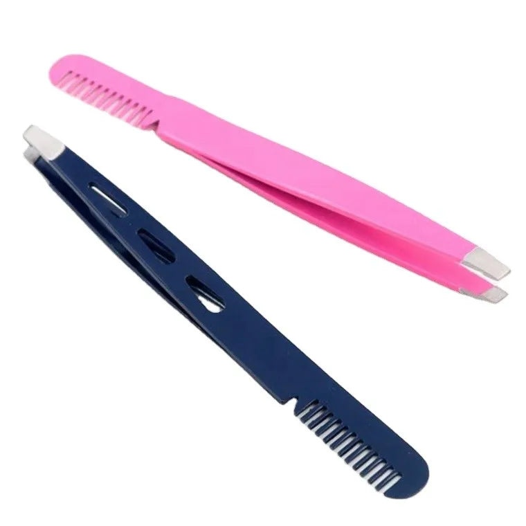 Dual end 2 in 1 Hair Removal Trimming Professional Stainless Steel Makeup Slant Tip Eyebrow Tweezers With Comb