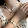 2025mufeng Bohemian Blue Big Shell Starfish Pendant Bracelet Necklace 18k Gold Plated Pearl Sea Snail Set Necklace Ocean Jewelry