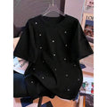 Black Rhinestone Oversized Long Heavyweight 200g 100% Cotton Diamond Men's Hip Hop Streetwear T-Shirt