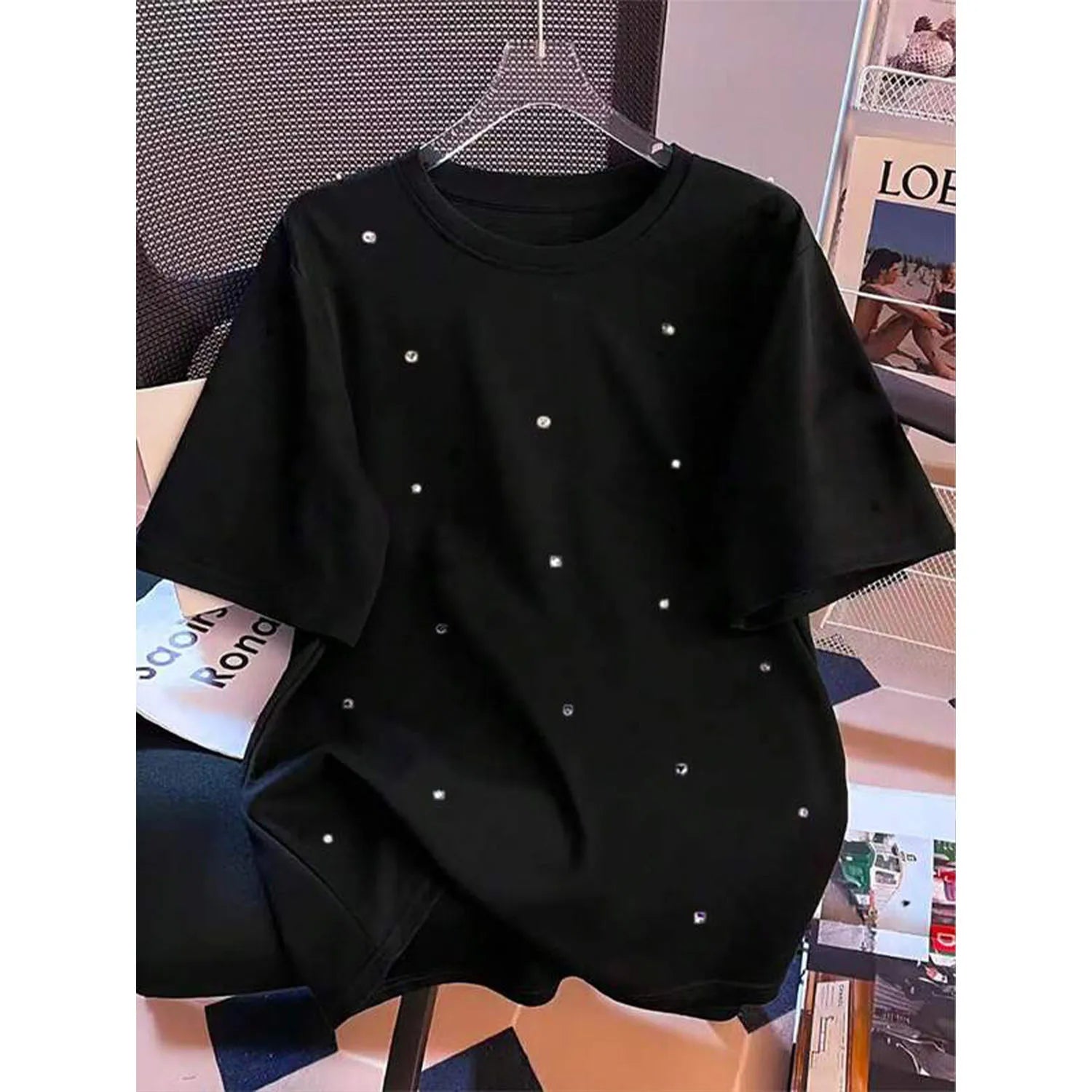 Black Rhinestone Oversized Long Heavyweight 200g 100% Cotton Diamond Men's Hip Hop Streetwear T-Shirt