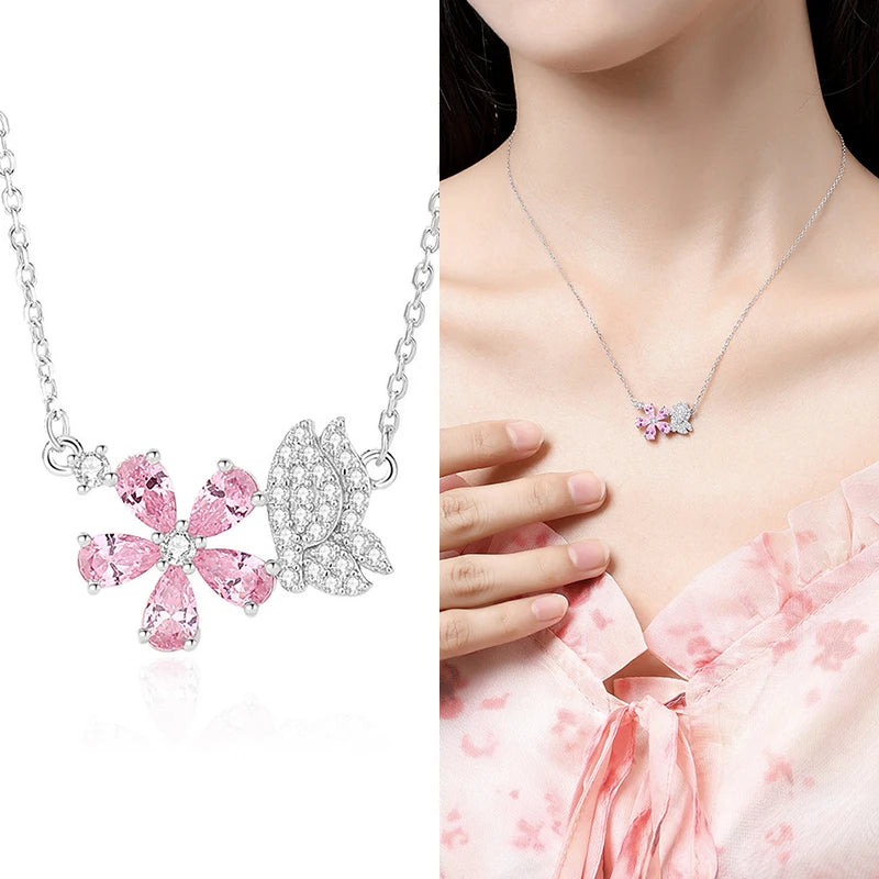 FDXZ-184 Butterfly Kiss Flower Necklace for Female S925 Sterling Silver Pink Peach Blossom Zircon 45cm Chain Simplicity Jewelry