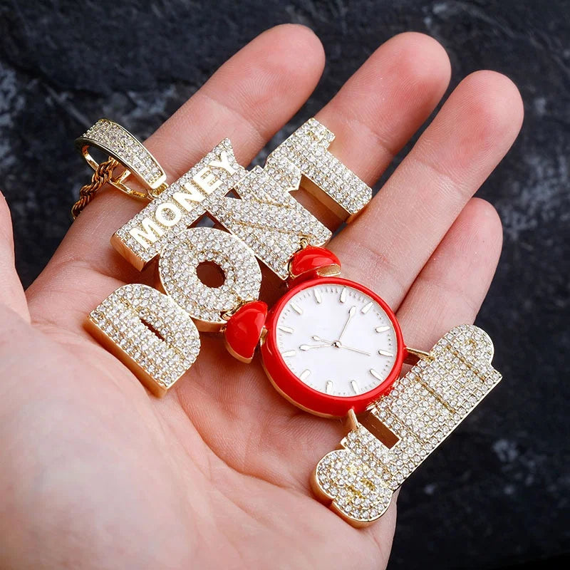 Hip Hop Geometric DONT SLEEP Alarm Clock Pendant Necklaces Brass Gold Plated Rope Chain Iced Cubic Zirconia Men Women Drop