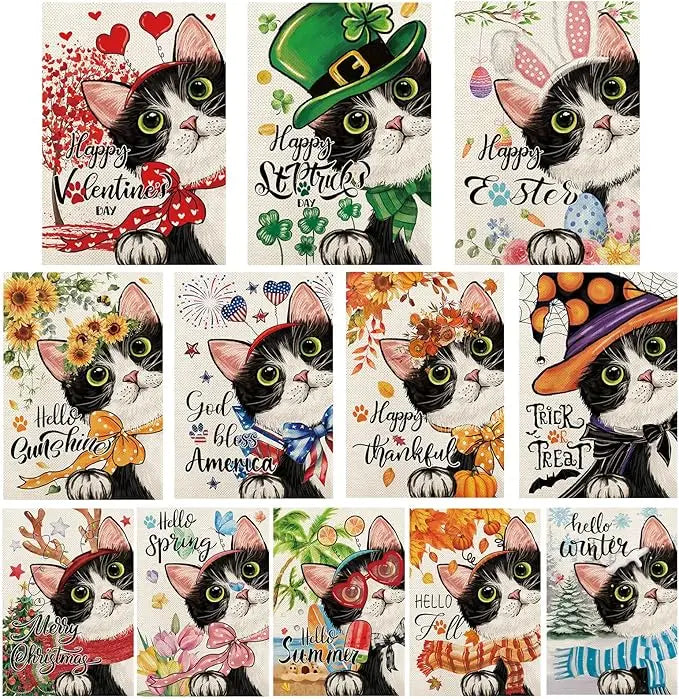 Cute Black Cat custom Garden Flags for Outside Kitten Yard Flags for All Seasons and Holidays Winter Yard Flag for Holiday Decor