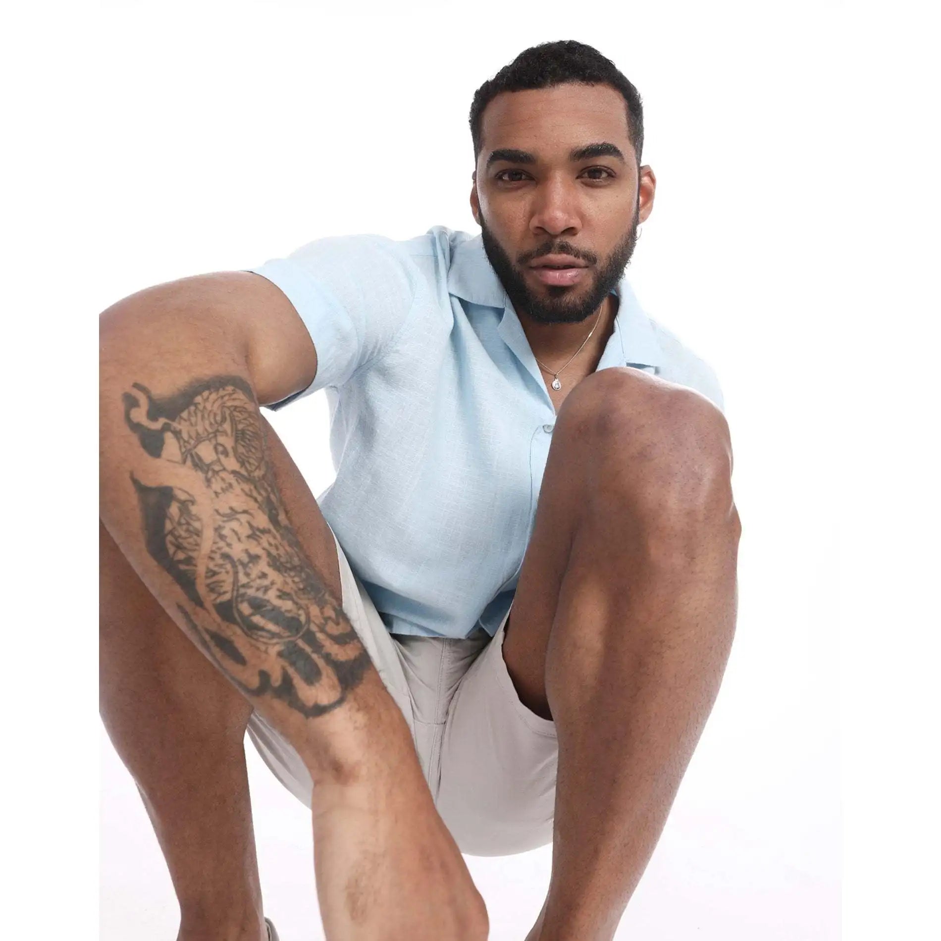 Imperio Shop Button Down Collar Empire Waist Regular Fit Sky Blue Printed Casual Summer Breathable Short Sleeve Shirt for Men