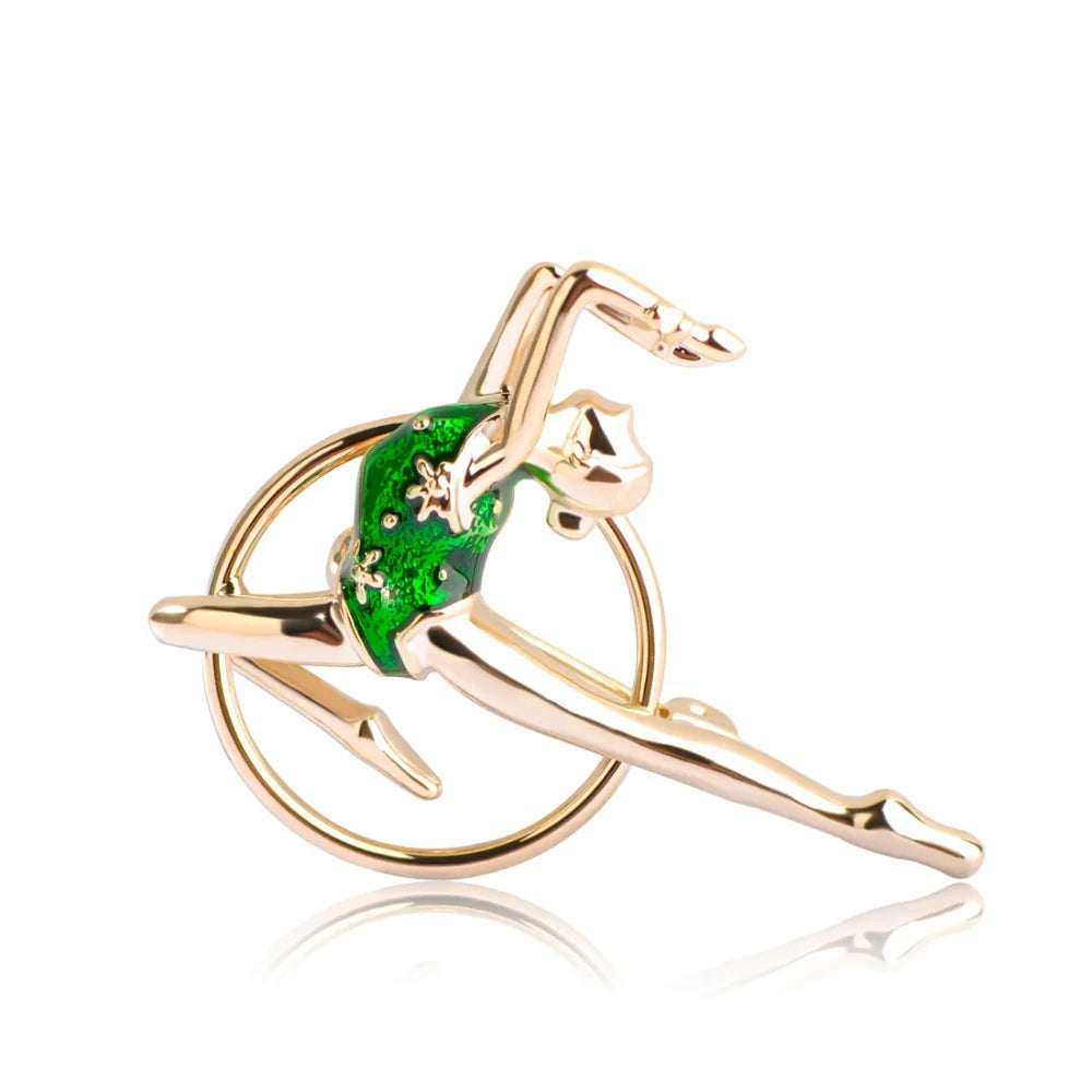 Dancing Girl Gymnastics Enamel Pin 18K Gold Plating Green Red Enamel Women's Metal Lapel Brooch Party Wedding Engagement Gifts