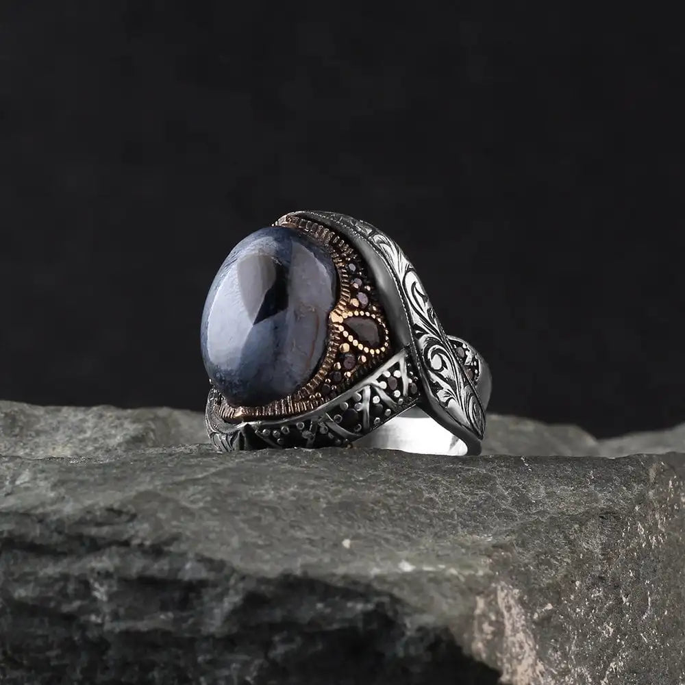 Wholesale Azuris 925 Sterling Silver Ottoman Style Men's Ring with Natural Stone Agate Handmade in Turkey VALKH1078
