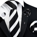 Ideal for Weddings Polyester Hand Washable Men's Striped Tie Set with Flower Lapel Pin Pocket Square and Cufflinks for Business