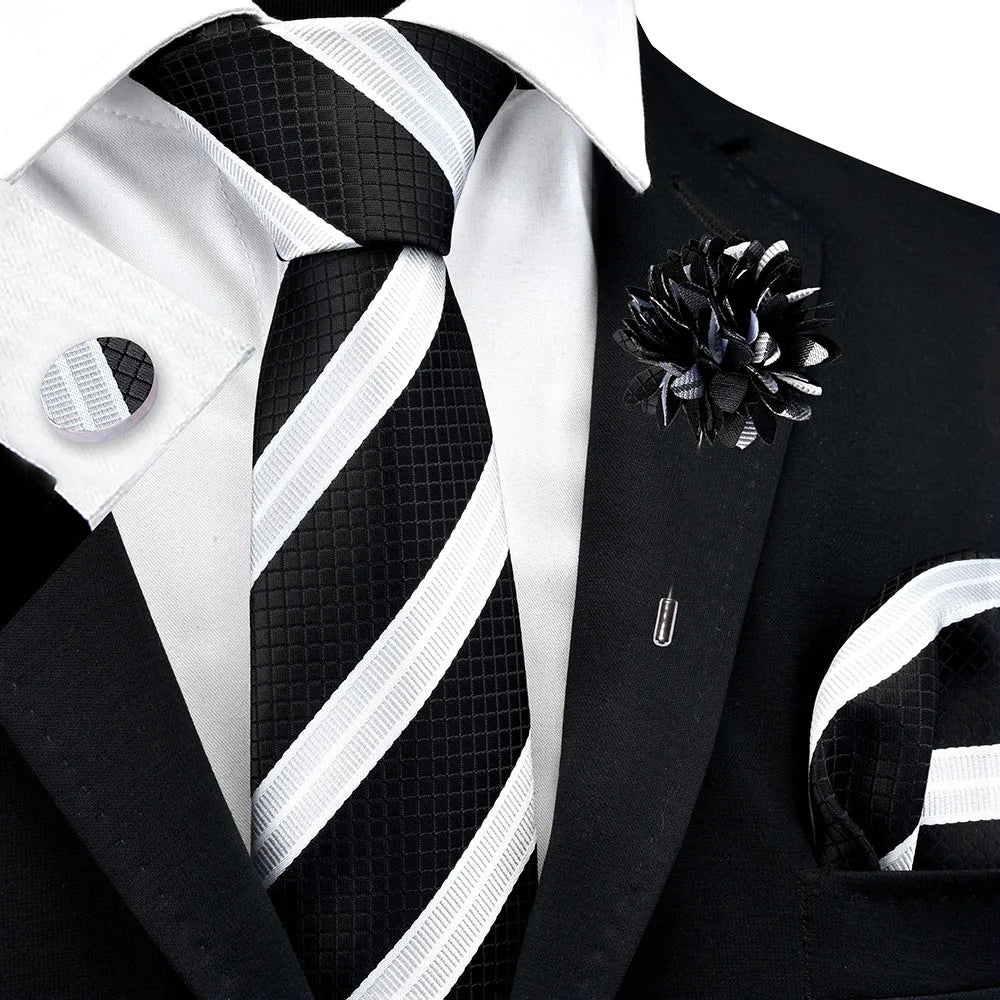 Ideal for Weddings Polyester Hand Washable Men's Striped Tie Set with Flower Lapel Pin Pocket Square and Cufflinks for Business