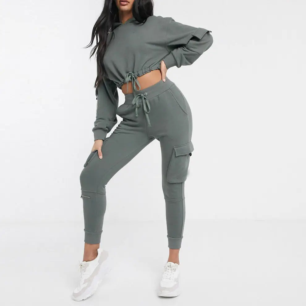 Wholesale Custom Fashion Casual Ladies Women Hooded Solid 100% Cotton Zip up 2 Piece Set Tracksuit Sweatsuits Air Shipping
