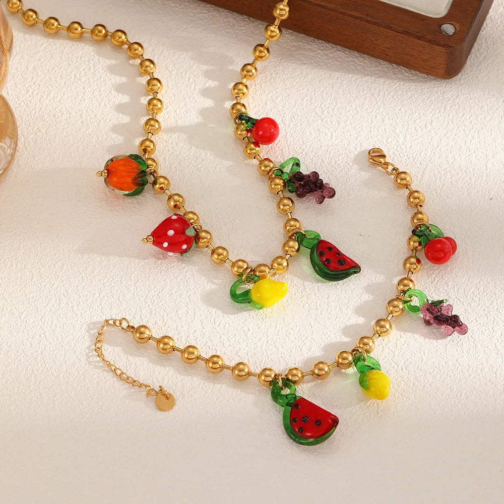 Fruit Series Female Stainless Steel Bracelet Necklace Fresh Sweet Grape Lemon Beaded Collarbone Chain Set Gold Plated Trendy