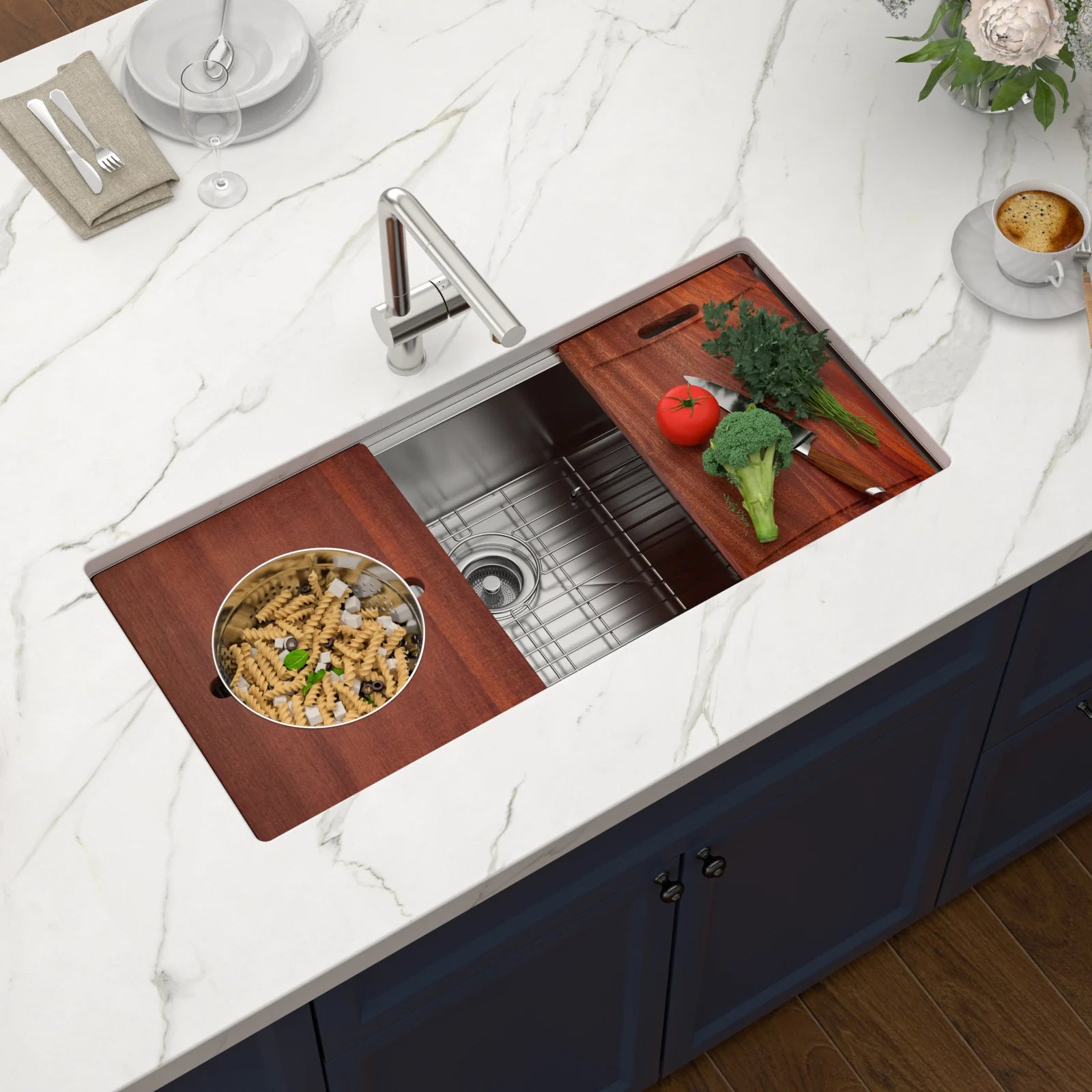 US Warehouse 16 Gauge Stainless Steel Single Bowl with Cutting Board & Cheese Bowl Undermount Workstation Kitchen Sink