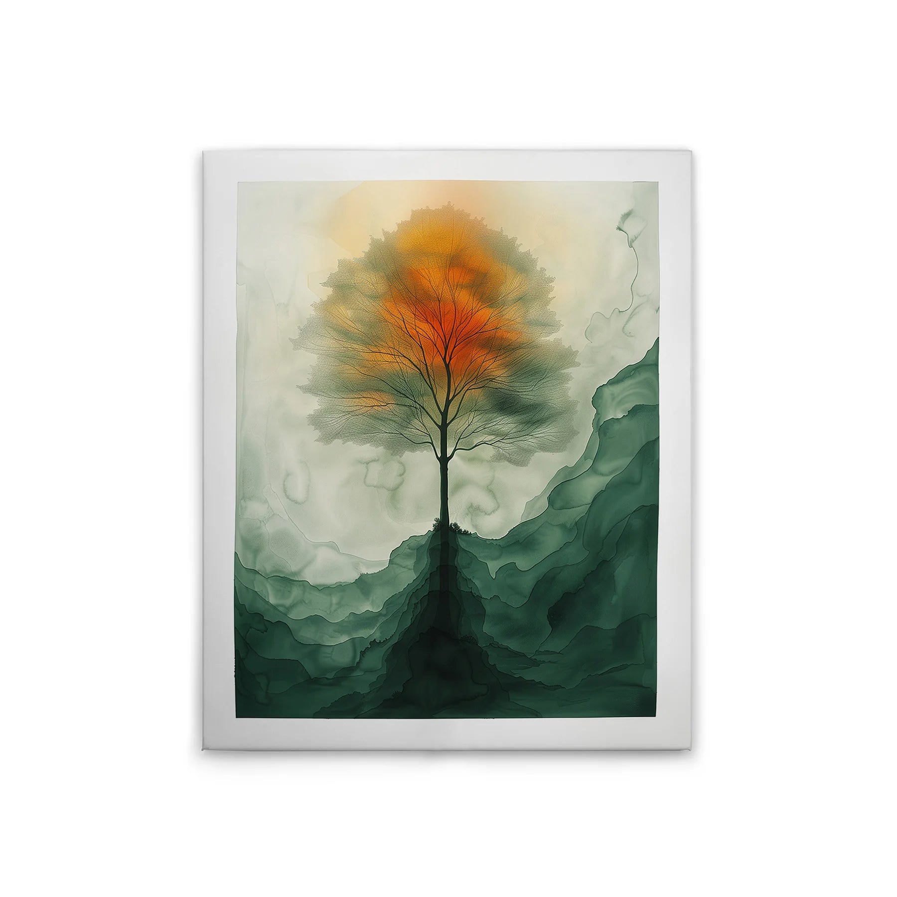 Made in Germany Modern Abstract Tree Canvas Wall Mural with Wooden Stretcher Frame-Home Decor in Green and Cream