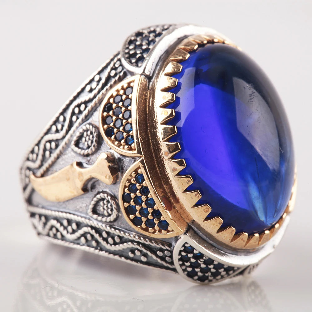 Luxury Handmade Original Azuris Silver Gemstone Ring Men 925 Sterling Zircon Oval Cut Bezel Setting Vintage Customizable Jewelry