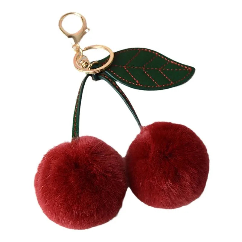 HOT NEW Fashion 6cm Cherry Pom Pom Keychains Real Rex Rabbit Fur Ball Key Ring