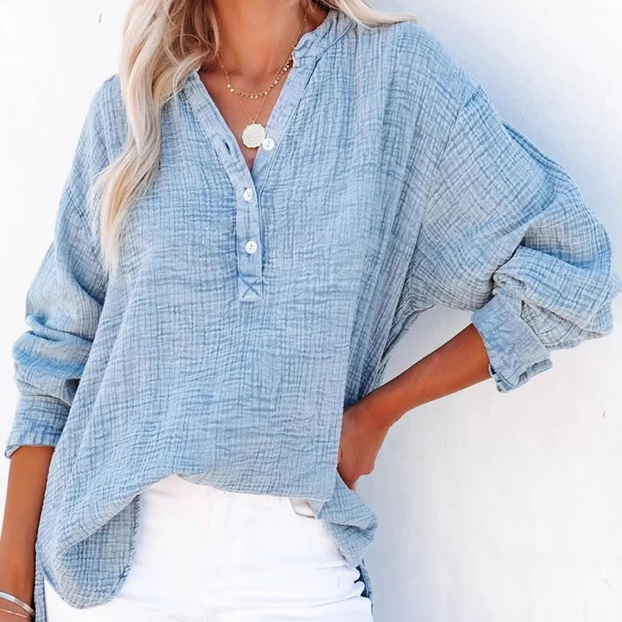 2025 Summer Cross-Border Women's Long-Sleeve V-Neck Button Shirt - Elegant Belted Style for Feminine Charm