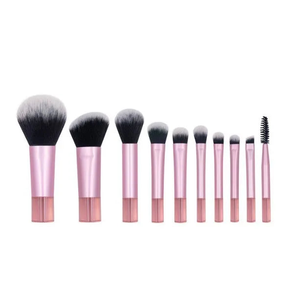 Skylark Pink 10-Piece Mini Flat Nylon Aluminum Ferrule Travel-Friendly Cheek Makeup Brush Set
