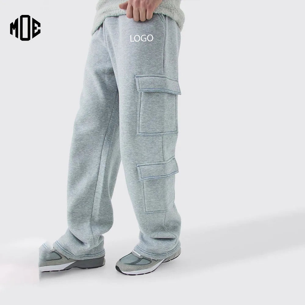Wholesale Heather Grey 100% Cotton French Terry High Street Embroidery Cargo Pants Baggy Wide Leg Custom Logo Loose Drawstring