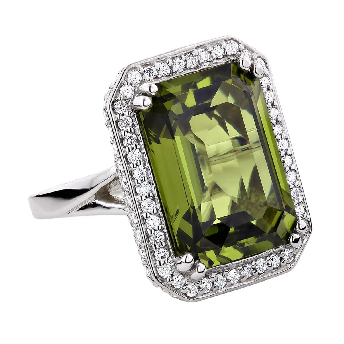 Ladies 14K White Gold Diamond Ring 1.75ct Diamond Cocktail Ring with Peridot Quartz Gemstone Available at Low Price