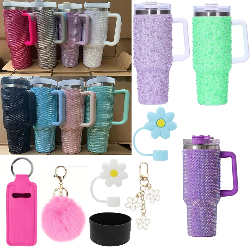 High Quality 40oz Rhinestone Pink Bow Tumblers Customize Bling Crystal Bow Tumblers Pearl Keychain Accessories 40 oz Cup Purple
