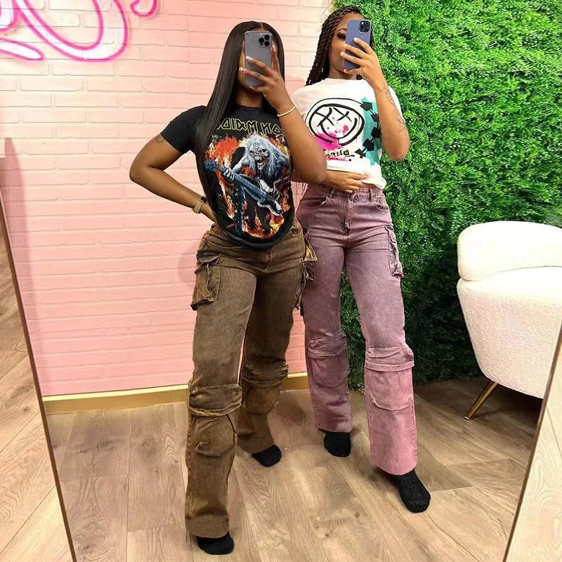 Women's 2026 High-Rise Straight Leg Jeans - Shibori Denim Patchwork Multi-Pocket Street Workwear