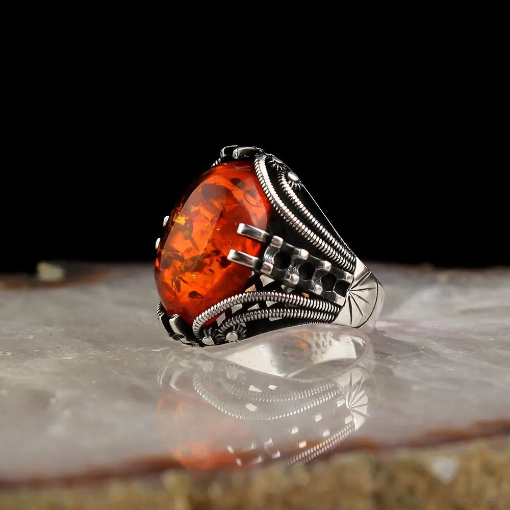 Men's Luxury 925 Sterling Silver Bezel Setting Ring with Zircon Natural Stone Turkish Wedding Party Gift Jewelry Customized Size