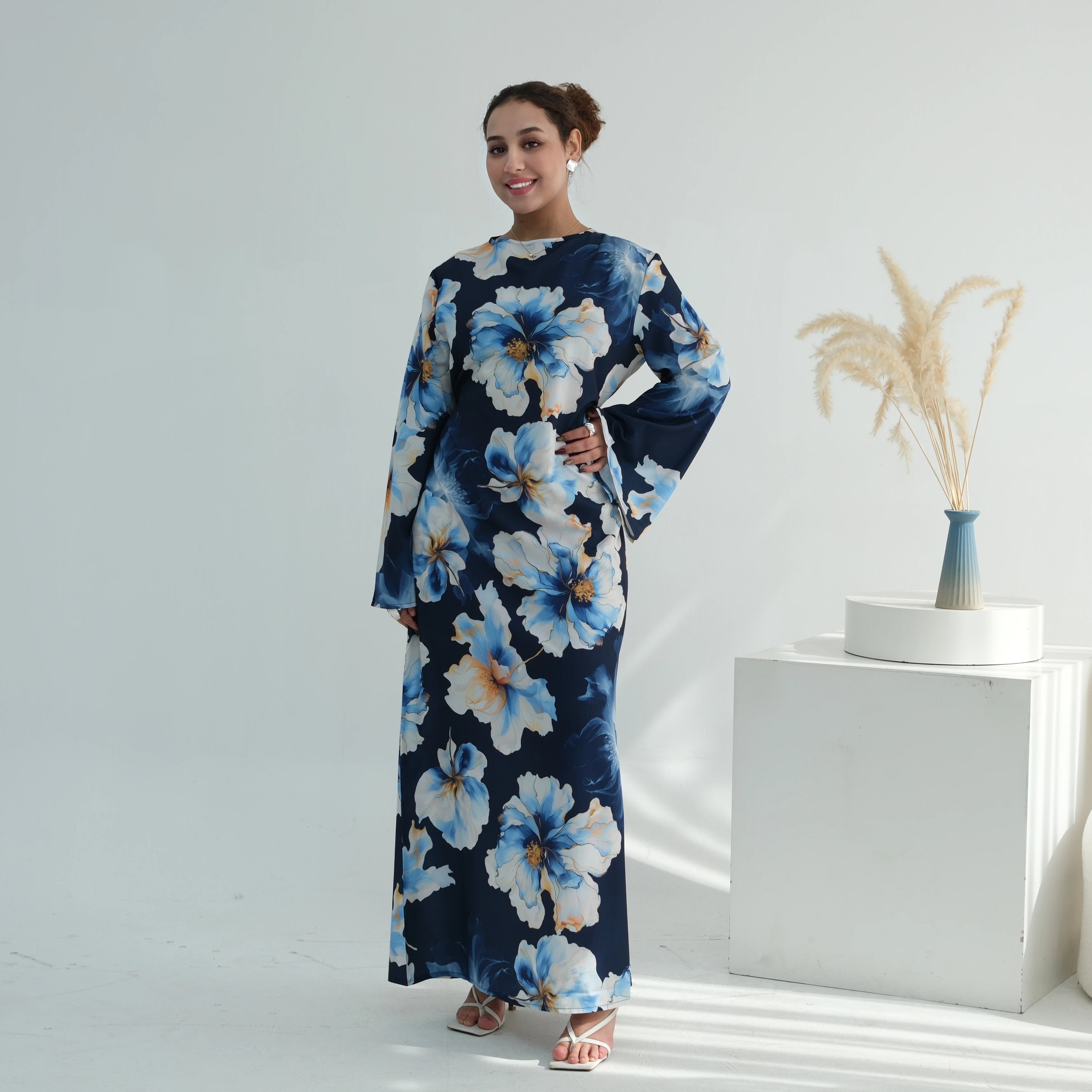 Fashion Printed Abaya Dress Full Length Wide Sleeves Floral Muslim Dress Women Spring Summer Abaya Women Modest Maxi Dress