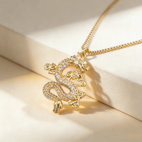QIKU Long Shape Gold Color Pendant Women Necklace Copper Zircon Luxury Chinese Dragon Jewelry Inlay Crystal Accessories Gift