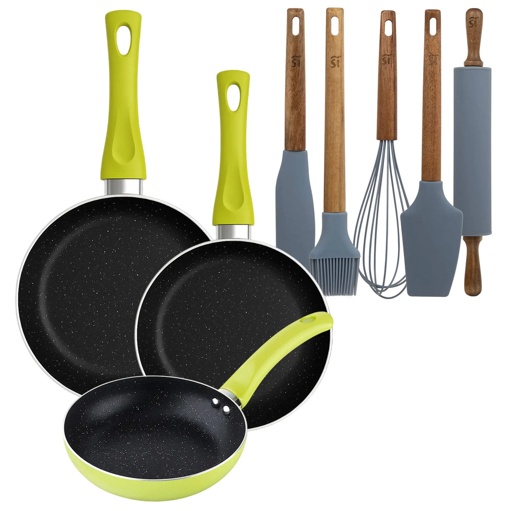 Set of 3 San Ignacio frying pans (20+24+28cm) green pressed aluminum + Set of 5 Silicone and Acacia Wood Kitchen Utensils