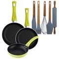 Set of 3 San Ignacio frying pans (20+24+28cm) green pressed aluminum + Set of 5 Silicone and Acacia Wood Kitchen Utensils