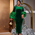 Green Lantern Sleeve Velvet Beading Long Women Evening Dress for Christmas
