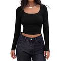 2025 Hot-selling Ribbed Slim-fit Short-length Long-sleeve Square-neck T-shirt Tops for Women Stylish Summer