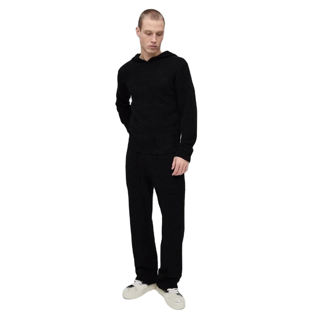 Black Textured Knit Hoodie and Relaxed Fit Pants Coordinated Set for Men Casual Wear Soft Knit Fabric Matching Streetwear Outfit