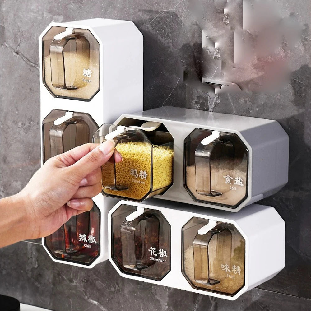 JUXINDA Wall-Mounted Kitchen Spice Organizer Plastic Condiment Container Spoon for Salt Storage Seasoning Spice Jar Parties
